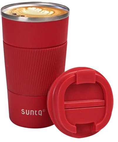 SUNTQ Kaffeebecher to go Thermo aus Edelstahl - Thermobecher mit Gummierte Manschette Doppelwand Isoliert - Kaffeetasse mit Auslaufsicherem Deckel Wiederverwendbar 510ml Weinrot