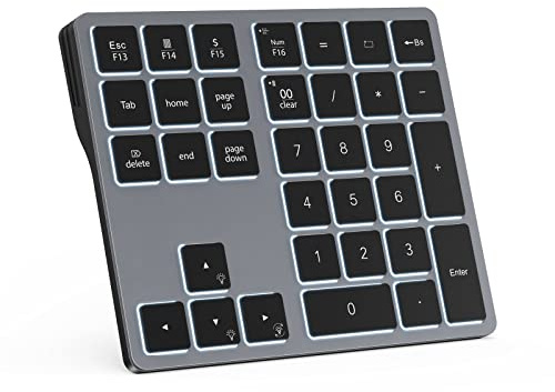 Doohoeek Backlit Bluetooth Numeric Keypad for Laptops and Computers, Number Pads 34 Keys with 7-Color Backlight for MacBook & Windows, Gray