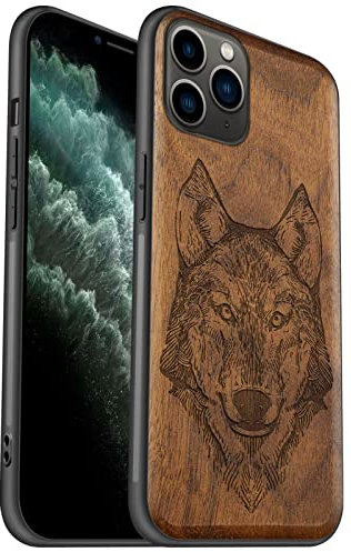 Carveit Coque pour iPhone 11 Pro Protection[Unique Noyer] Artistique Gravure Laser TPU Souple de téléphone Antichoc Compatible avec 11Pro Coques en Bois (Tête de Loup)