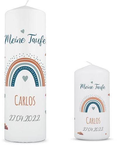 GRAVURZEILE Bedruckte Kerze - Taufkerze Regenbogen - brilliant bedruckte Kerze zur Taufe - Personalisiertes Taufgeschenk für Mädchen & Jungen - Hochwertige Stumpenkerze 250/80 mm - Farbe: Blau Set