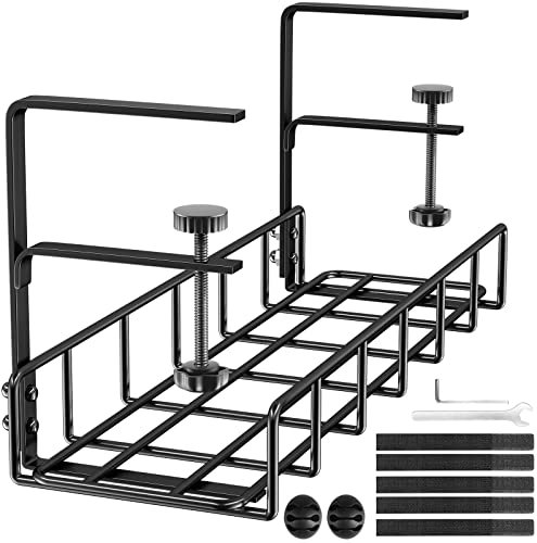Cable Management Under Desk No Drill, Upgraded Long Arm Clamp, Inward Or Outward, Cable Tray Under Desk, Fits Most Tables