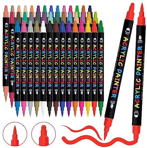 Tesquio Acrylstifte für Steine, Wasserfeste Dual Tip 42 Farben, Bemalen von Steinen und Holz, Leinwand, Glas und Papier