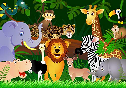 wandmotiv24 Fototapete Kinderzimmer, Dschungel, Tiere, 200 x 140cm - selbstklebende Strukturtapete, Wanddeko, Wandbild, Wandtapete, Löwe, Elefant, Dschungeltiere M0002