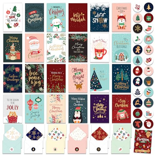 Decorably 24 Pack Foiled & Glittery 6x4in Box of Christmas Cards with Envelopes and Stickers, 24 Festive Designs Holiday Card Set with Printed Message Inside - Gifting & Mailing