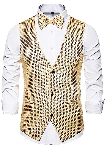 Men's Shiny Sequin Vest V-Neck Regular-Fit Party Dress Suit Waistcoat Bowtie 2 Pieces Set (Gold, M)