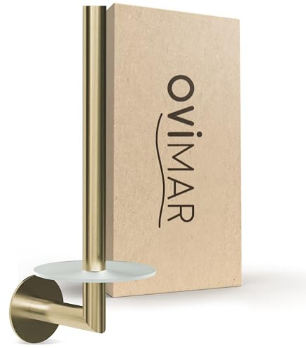 ovimar Ersatzrollenhalter Giskesanden Gold zum Kleben 3M | aus Edelstahl und Glas | Toilettenpapier Rollen Aufbewahrung ohne Bohren selbstklebend bis zu 2 Rollen | auch als Küchenrollenhalter