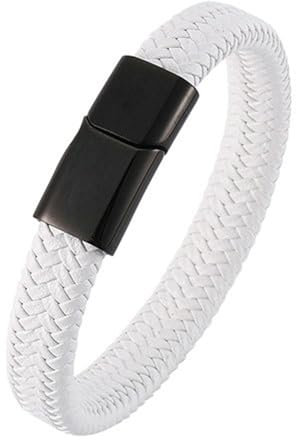 Daesar Armbänder Leder Männer, Lederarmband Herren Rocker Gewebt 12MM mit Magnetverschluss Partnerarmband Leder 20.5CM Weiß