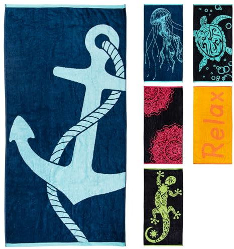 Pure Label Strandtuch 90x180 cm | Velour Strandlaken aus 100% Baumwolle | Pflegelichtes, saugstarkes Strandhandtuch mit einem Anker (Türkis/Blau)