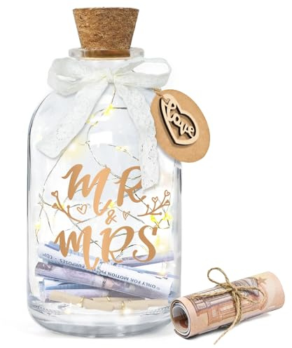 Ulikey LED Flaschenlicht Hochzeit, Verpackung Geldgeschenke Hochzeit, Mr. & Mrs. Beleuchtete Flaschen, Hochzeitsgeschenke Geldgeschenke Personalisiert, Hochzeitskasse Spardose für Brautpaar (1)