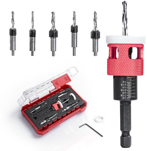5 Pcs Countersink Drill Bit Set with Low Friction Depth Stop, HSS M2 Bits Tapered Head1/8 9/64 5/32 Drill+3/8” 82° Counter-Bore,11/64 3/16 Drill+ 1/2 82° Counter Bore,1/4” Hex Shank(Red)