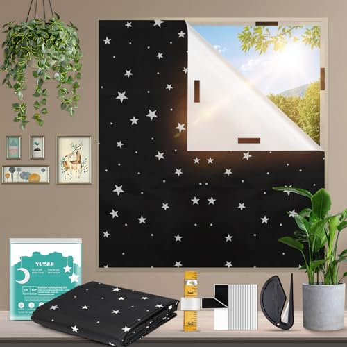 YUZAII Verdunkelungsrollo, Bohrfreie Rollos für Fenster, 300 x 145 cm Verdunkelungsvorhänge fürs Schlafzimmer, Klebe-Rollos, Temporäre (Stern)