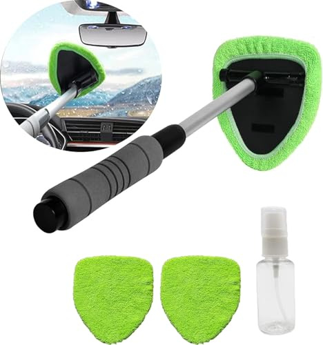 Windshield Window Cleaner Tool, with Reusable Microfiber Pads Glass Wiper Kit with Extendable Handle Car Window Cleaner for Car Cleaning (Green)