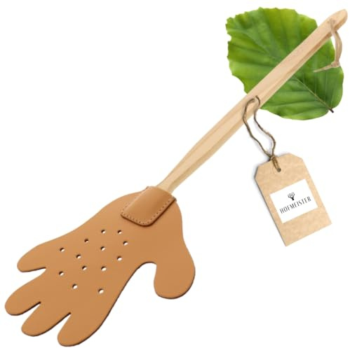 HOFMEISTER® Fliegenklatsche Holz und Leder – Fliegenfänger mit stabilem Stiel aus Buche, ohne Plastik, Handarbeit – Handform, 50 cm (1 Stück)