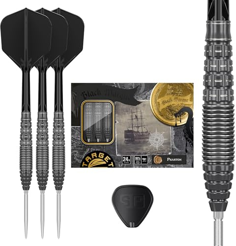 Target Japan Black Marque Phantom 90% Tungsten K-Flex Swiss Point Steel Tip Dart Set, 24G | KFlex Dart Flight, Swiss Nano Points, Black & Silver Steel Dart Tip with KFlex Integrated Shafts and Flights