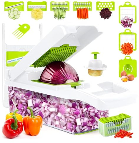 LIULIQ Vegetable Chopper, Multifunctional Food Salad Choppers with Non-slip Handle, Non-slip Rubber Pads and Container Interchangeable Blade Mandoline Slicer for Veggie Onion Salad Fruit Potato