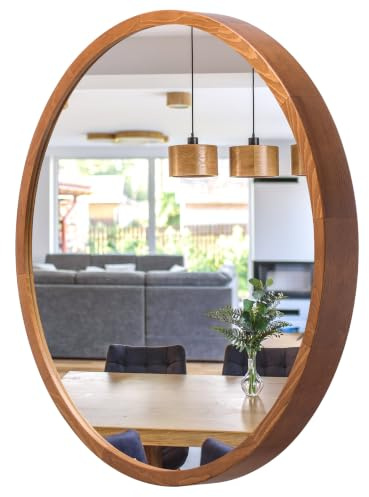 STOLARNIA PIKA LEJA – Miroir Mural Rond, Cadre en Bois (∅47 cm), Bois Rustique, 50 cm élégant – pour Salle de Bain, entrée, Salon, Chambre