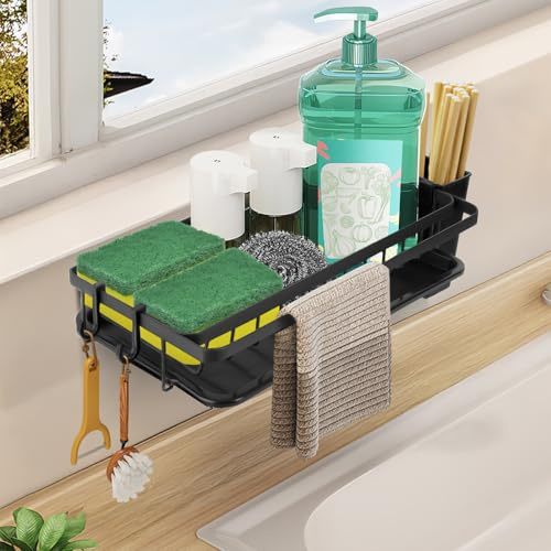 UMILKI Organizer per lavello da cucina, organizer da appendere con porta asciugamani e colla, per cucina e bagno, senza fori (nero)