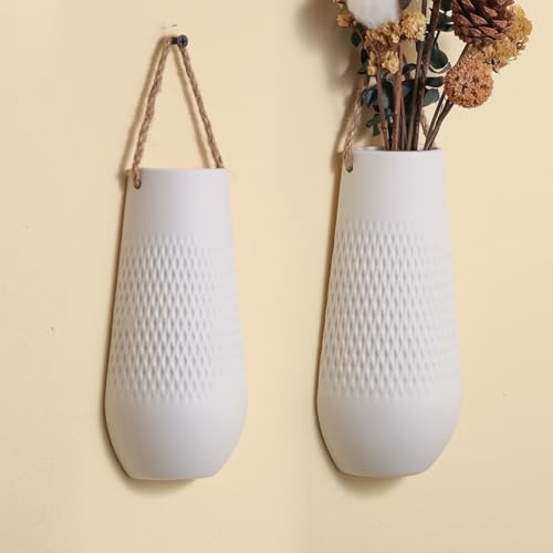 Ceramic Wall Planters & Vases,Boho Wall Decor for Living Room Bedroom,Minimalist Indoor Ceramic Hanging Flower Vase,Modern Farmhouse Art Decorations(White,2 Pack)