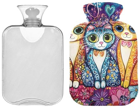 Bunte Wärmflasche mit Bezug, Motiv: Katzen mit großen Augen, transparenter Wärmbeutel für Menstruationskrämpfe, Nacken- und Schulterschmerzen, Wärmflaschen mit Bezügen, 2 l