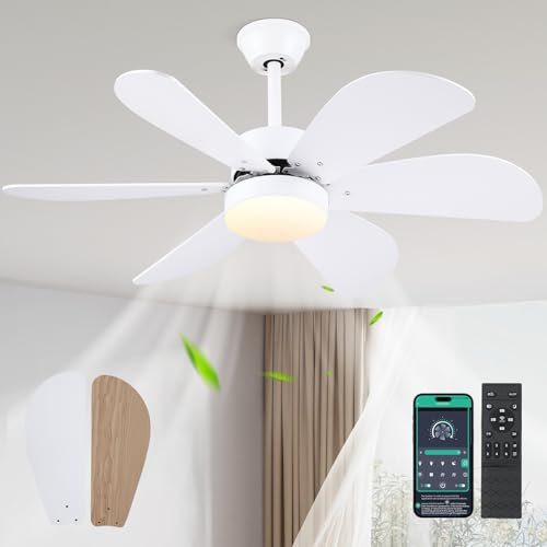 Surtime Deckenventilatoren mit Beleuchtung und Fernbedienung, 107cm Deckenventilator mit 6 umkehrbaren Holzflügeln, Moderne Flachbau-Deckenventilatoren für Terrasse, Küche, Schlafzimmer
