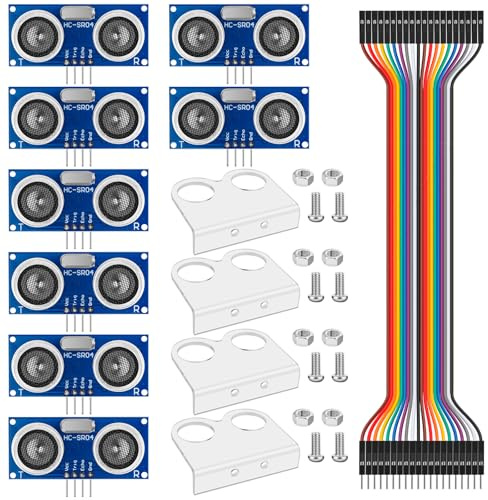 HC-SR04 Ultraschall-Sensor-Modul, 3–5 V, mit 4 Montagehalterungen, Abstandssensor + 2 x 20 cm 10P Stecker auf Buchse, Dupont-Kabel für Arduino R3 MEGA2560 Duemilanove Nano Robot XBee ZigBee ZigBee 8