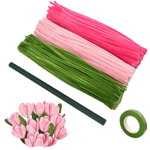 Coriver Pfeifenputzer Zum Basteln, 300 Stück, 3 Farben, 7mm Rohrreiniger, Grüne Chenille Stiele, Pfeifenreiniger Blumen, Blumensträuße, Basteln, Rosa Pipe Cleaner Flower für DIY Dekorationen