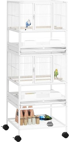 Pawhut Gabbia per uccelli grande gabbia a 2 livelli con ruote pannelli acrilici mangiatoie appendiabiti scaffale vassoi estraibili voliera per pappagalli Canarini 48 x 46 x 134,5 cm bianco