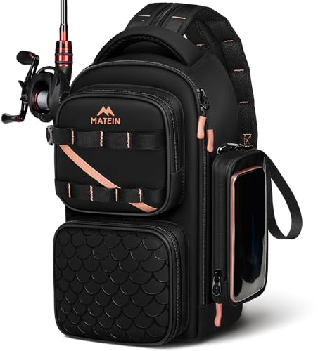 MATEIN Womens Fishing Sling Bag with Lure Rod Holder & Phone Pouch, Waterproof 3600 Tackle Backpack with Removable Bait Binder, Lightweight Convertible Tackle Bag Gear Fishing Gifts for Women, Black