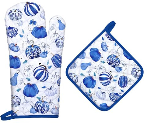 Arquiel Autunnale Zucca Blu Guanti Da Forno Presina Set Di 2, Cotone Addensare Guanti Da Forno A Microonde, Presine Da Cucina Morbida Resistenti Al Calore Per Ringraziamento Arrostire, Cuocere