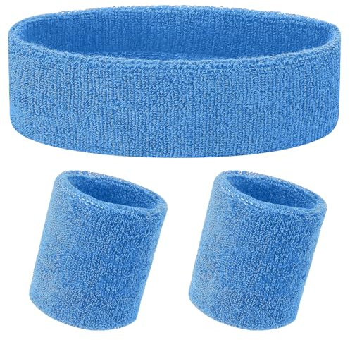 Yolev 3-teiliges Schweißband-Set, Sport-Stirnband und Armbänder, Set mit 1 Stirnband und 2 Armbändern, für sportliche Männer und Frauen, Schwarz und Neongrün, Einheitsgröße (Hellblau)