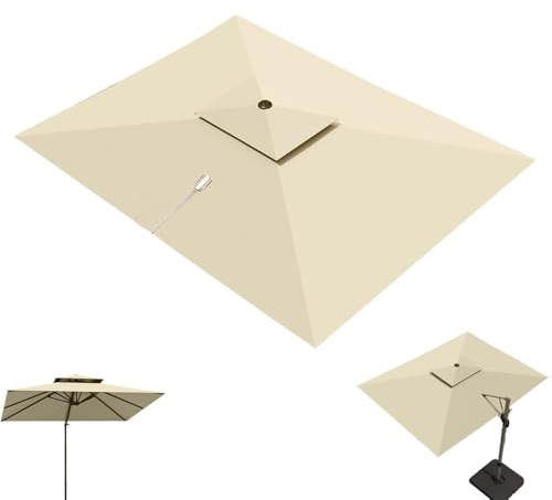Parasol de terrasse rectangulaire déporté de 10 pi x 13 pi, Toile de Remplacement, Protection Anti-UV, Double Toit déporté, Couleur Kaki, 8 Baleines, Design Durable