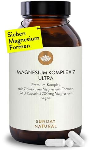 SUNDAY NATURAL® Magnesium Komplex – 240 Kapseln - 400mg pro Tag - aus 7 Verbindungen: Magnesium Bisglycinat, Citrat, Malat, Laktat, Ascorbat, Oxid, Lysinat - Vegan, laborgeprüft