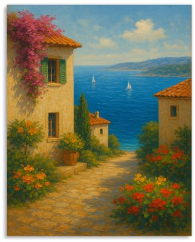 Yacuna Pintar por Números Adultos, Paint by Numbers Adult Kit 40x50 cm, Cuadro para Pintar con Números, Lienzo y Pinturas Acrílicas, Paisaje Mediterráneo, Kit Pintura por Números para Principiantes