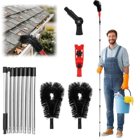 Miosugo Kit de herramientas de limpieza de canalones de 3,2 m, cepillo de limpieza telescópico, limpiador de poste de extensión, para eliminar hojas, desechos y telarañas de jardines, zanjas, villas y
