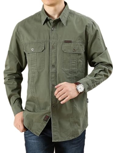 Camisas de Trabajo de Algodón para Hombre, Camisa de Militar de Manga Larga con Botones Ropa Cargo, 2 Bolsillos, Regular Fit para Pesca, Tala, Senderismo, Caza，VerdeMilitar，L