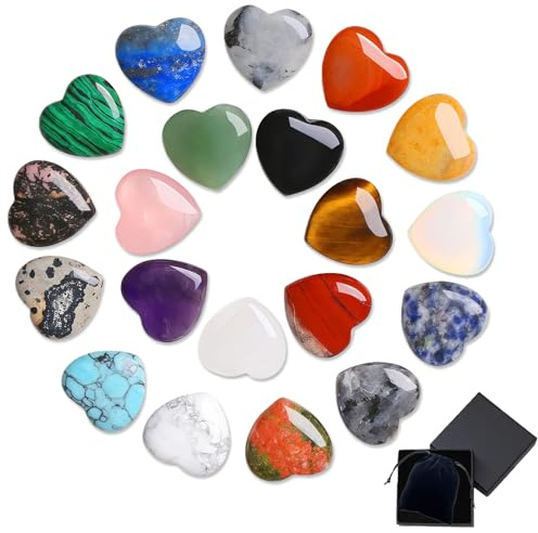YEJAHY 20er Set Heilsteine Herzform, Bunte Kristalle Meditation & Yoga, Polierte Glückssteine Herz für Reiki Chakra, Edelsteine für Kinder Sammler, Geschenkbox mit Samtbeutel