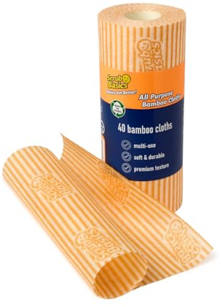 Scrub Basics - Paños de bambú Multiusos, 1 Rollo con 40 Hojas, paños de Limpieza absorbentes Multiusos en un Rollo, Textura Suave para Cocina, baño y hogar, Suministros de Limpieza duraderos