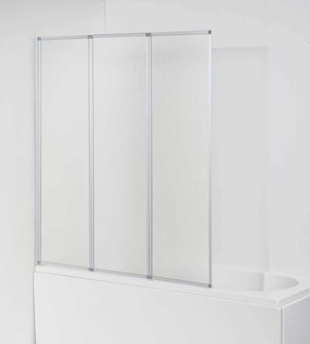 sanicomfort Duschwand für Badewanne MALO 120x140 cm – 3-teilig Faltwand, Kunststoffglas Tropfendekor, Alu-Rahmen, Spritzschutz für Badewanne, beidseitig montierbar, silber