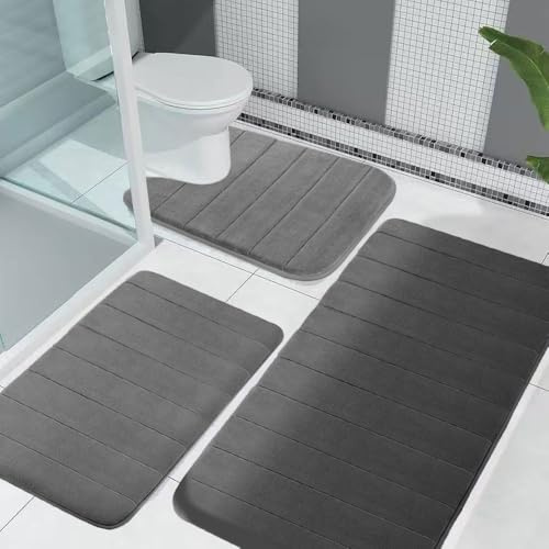 MOFXWHE Badematte Set 3-teilig aus Memory Foam, Badezimmerteppich,Weich Badematte und U Förmige WC Vorleger,Badteppich Saugfähige Badvorleger,Waschbar Badvorleger Set für Dusche,WC & Badewann