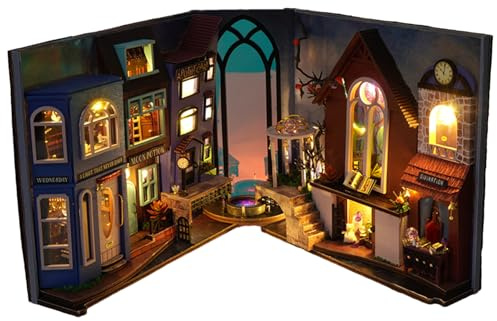 Byuexhp DIY Kit, DIY Miniature Kit - Bokstöd Bokhylla Infoga 3D-pussel - Kreativt bokstöd med LED-, gör-det-själv- Byggsats modellsats för skrivbordsinredning