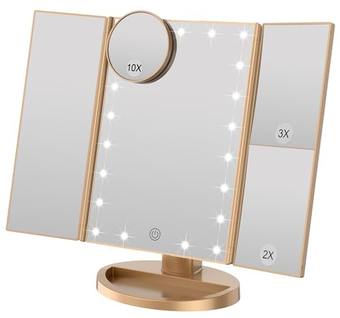 WEILY Tri-Fold Makeup Mirror with 2X/3X Magnifying 21 LEDs, 2 Power Supply Mode, Touch Switch Tabletop Cosmetic Mirror (Gold)