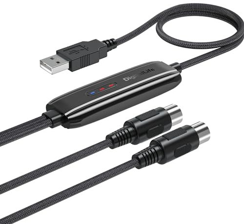 DigitalLife 1-In/1-Out 5-Pin DIN to USB 2.0 MIDI Interface Cable with 3 LED Indicators, Plug & Play for Keyboard, Synthesizer, Piano, PC/Mac/Linux, 6.5ft
