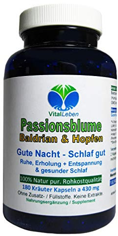 Gute Nacht SCHLAF gut natürliche Einschlafhilfe 180 Kapseln - BALDRIAN HOPFEN PASSIONSBLUME - besser schlafen einschlafen durchschlafen gesunde erholsame Nachtruhe. OHNE Zusatzstoffe. 26690-180