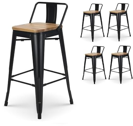 Kosmi Lot de 4 tabourets de Bar en métal Noir Mat Style Industriel avec Dossier et Assise en Bois Clair - Hauteur 66cm