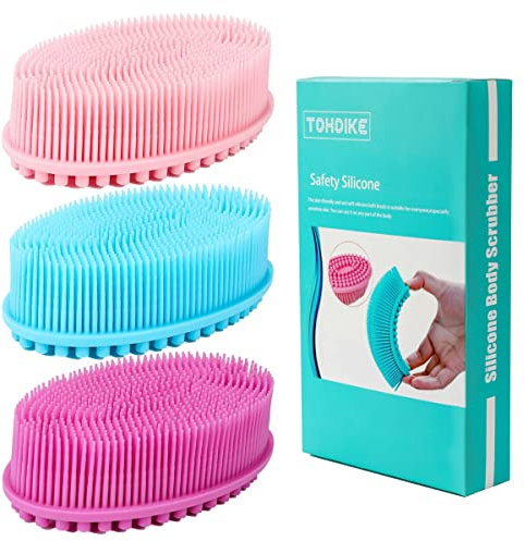 TDHDIKE Esponja de lufa corporal de silicona, juego de 3 cepillos exfoliantes suaves para el cuerpo, baño, ducha, esponja vegetal para niños sensibles, mujeres, hombres, todo tipo de piel