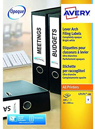 Avery Selbstklebende Aktenordneretiketten, 4 Etiketten pro A4-Blatt, 40 Etiketten pro Packung, weiß/schwarz, L7171-10
