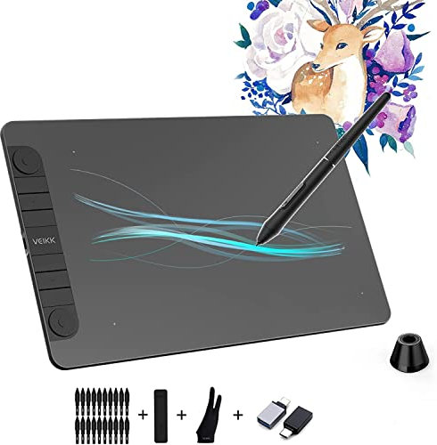 Grafiktablett VEIKK VK1060PRO,10x6 Zoll Drawing Tablet with 8 Shortcut Keys,Grafiktabletts hat Doppeltes Einstellrad-Design 8192 Druckstufen Batterielosem Stift Kompatibel Windows/Mac OS/Android/Linux
