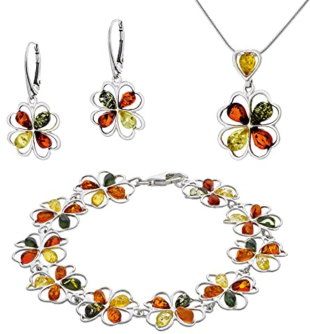 AMBEDORA Damer stor juliett set silver 925 polerad färgad baltisk bärnsten hänge med kedja orm örhängen armband, Sterlingsilver, Bärnsten