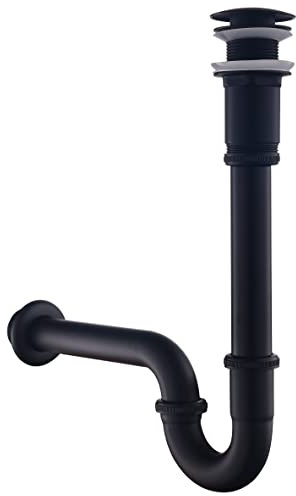 SET - Siphon mit Ablaufgarnitur ohne Überlauf für Waschbecken Schwarz Matt - Keymark Universal Röhrensiphon und Ablaufventil Bad - Messing Syphon Sifon Pop Up Abflussgarnitur Abfluss Waschtisch