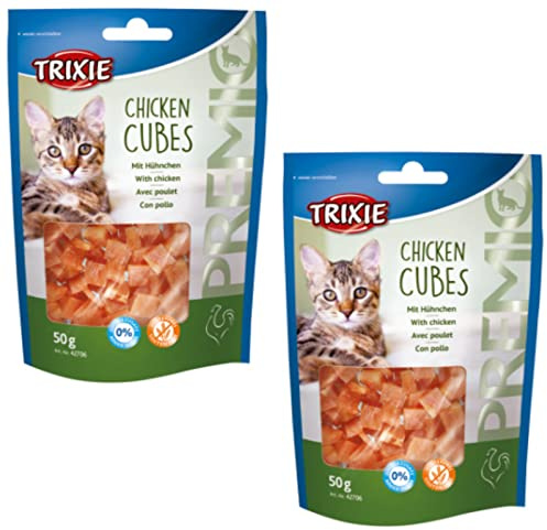 TRIXIE Premio Chicken Cubes | Doppelpack | 2 x 50g | Leckerer Katzensnack für zwischendurch | Hoher Hühnerfleischanteil von 73 % | Frei von Zusatzstoffen und Zucker | Ohne Getreide